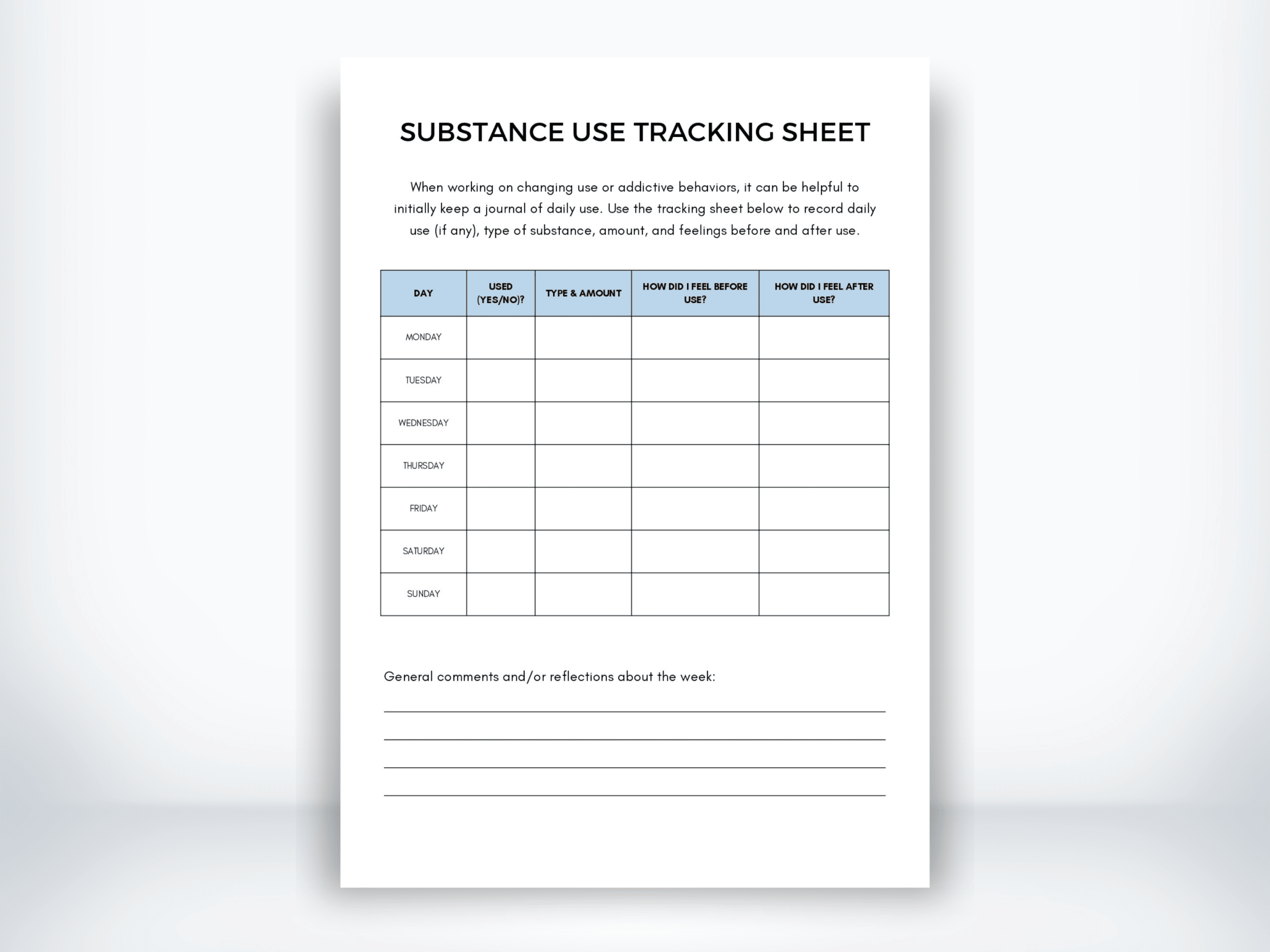 Substance Use Tracking Sheet Worksheet (PDF) | My Thriving Mind