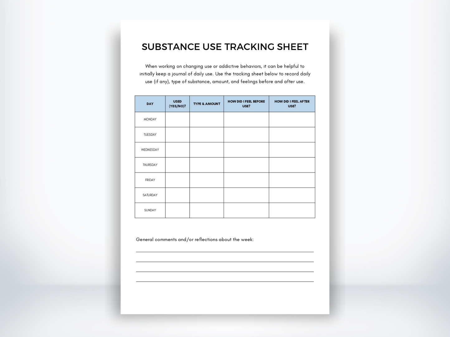 Substance Use Tracking Sheet PDF