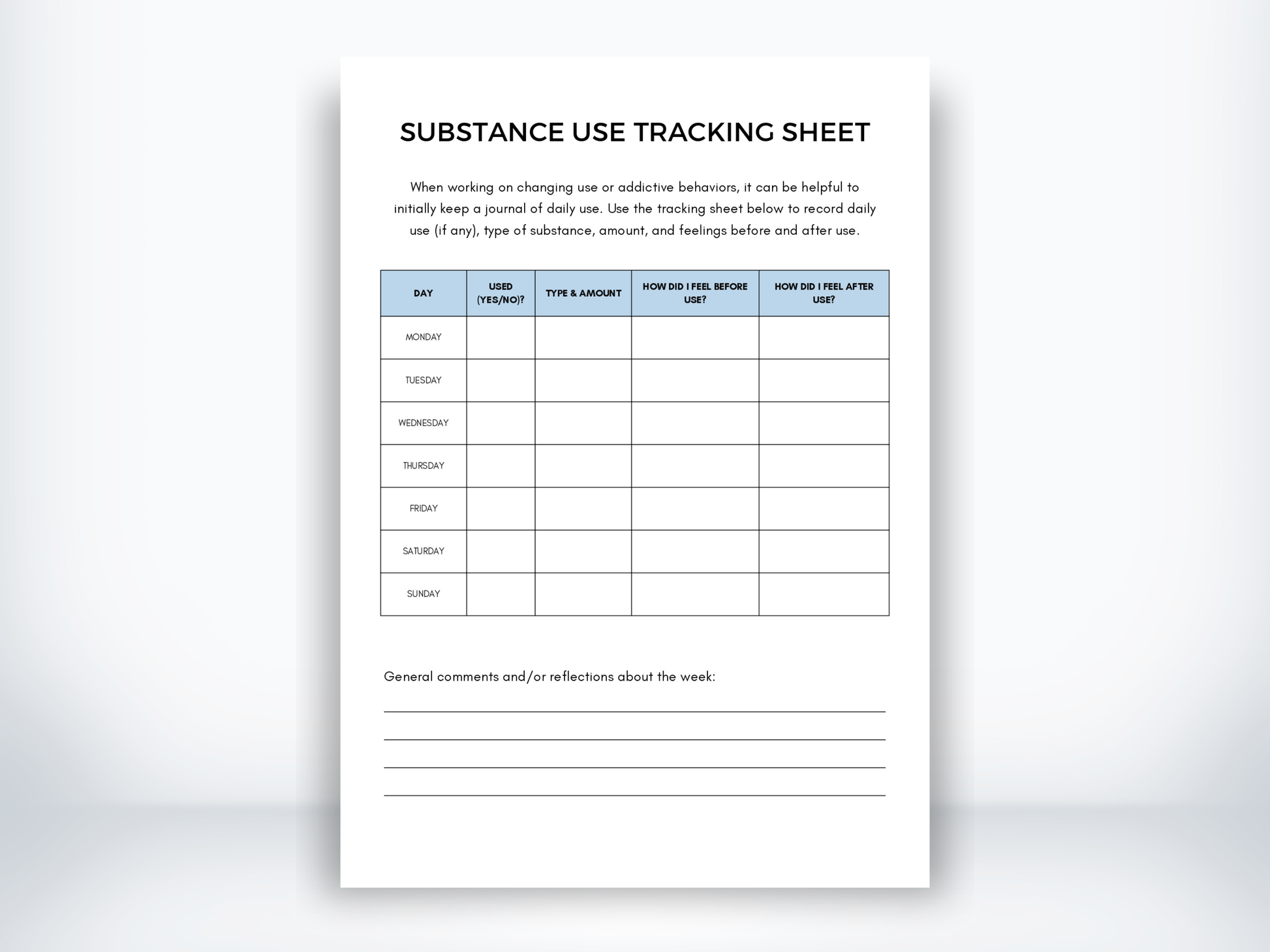 Substance Use Tracking Sheet PDF
