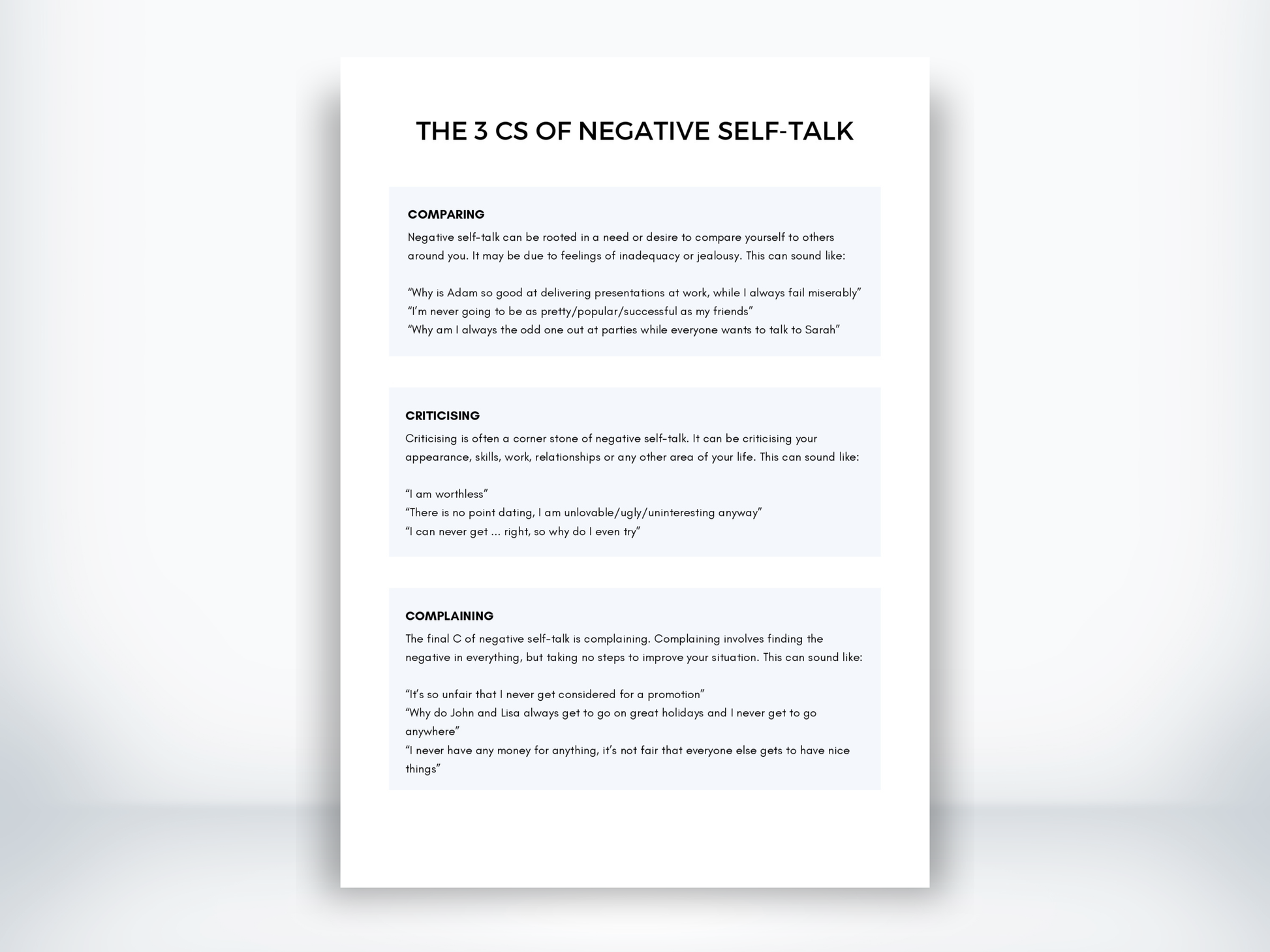 The 3 Cs Of Negative Self-Talk Worksheet PDF