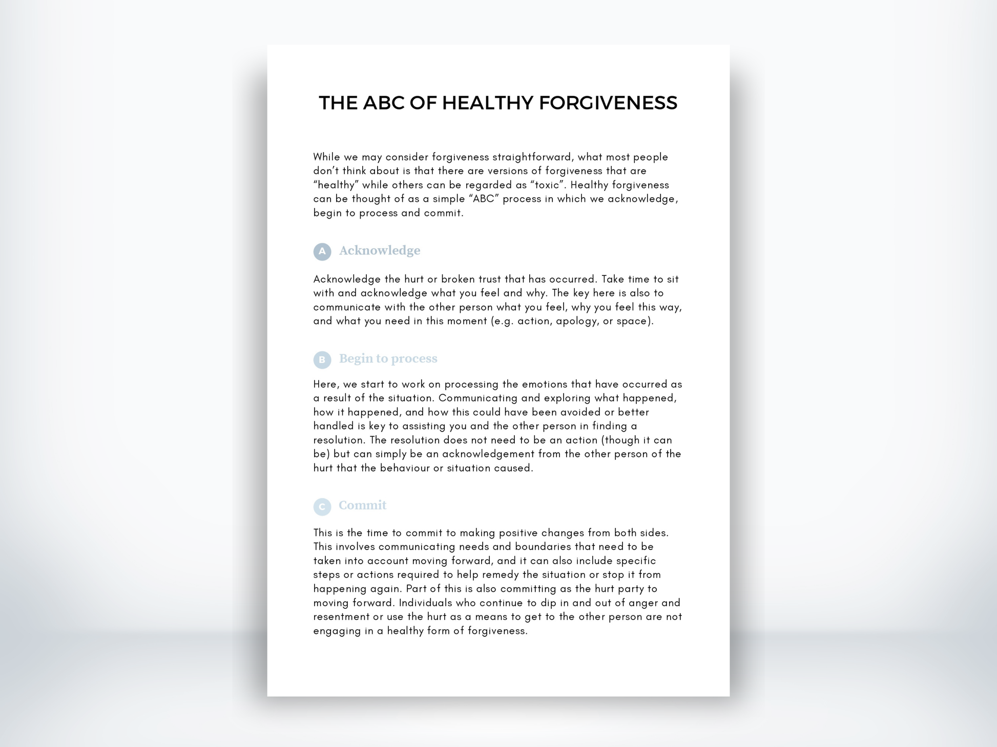 The ABC Of Healthy Forgiveness Worksheet PDF