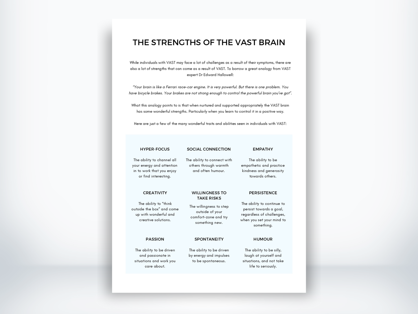 The Strengths Of The VAST Brain Handout PDF