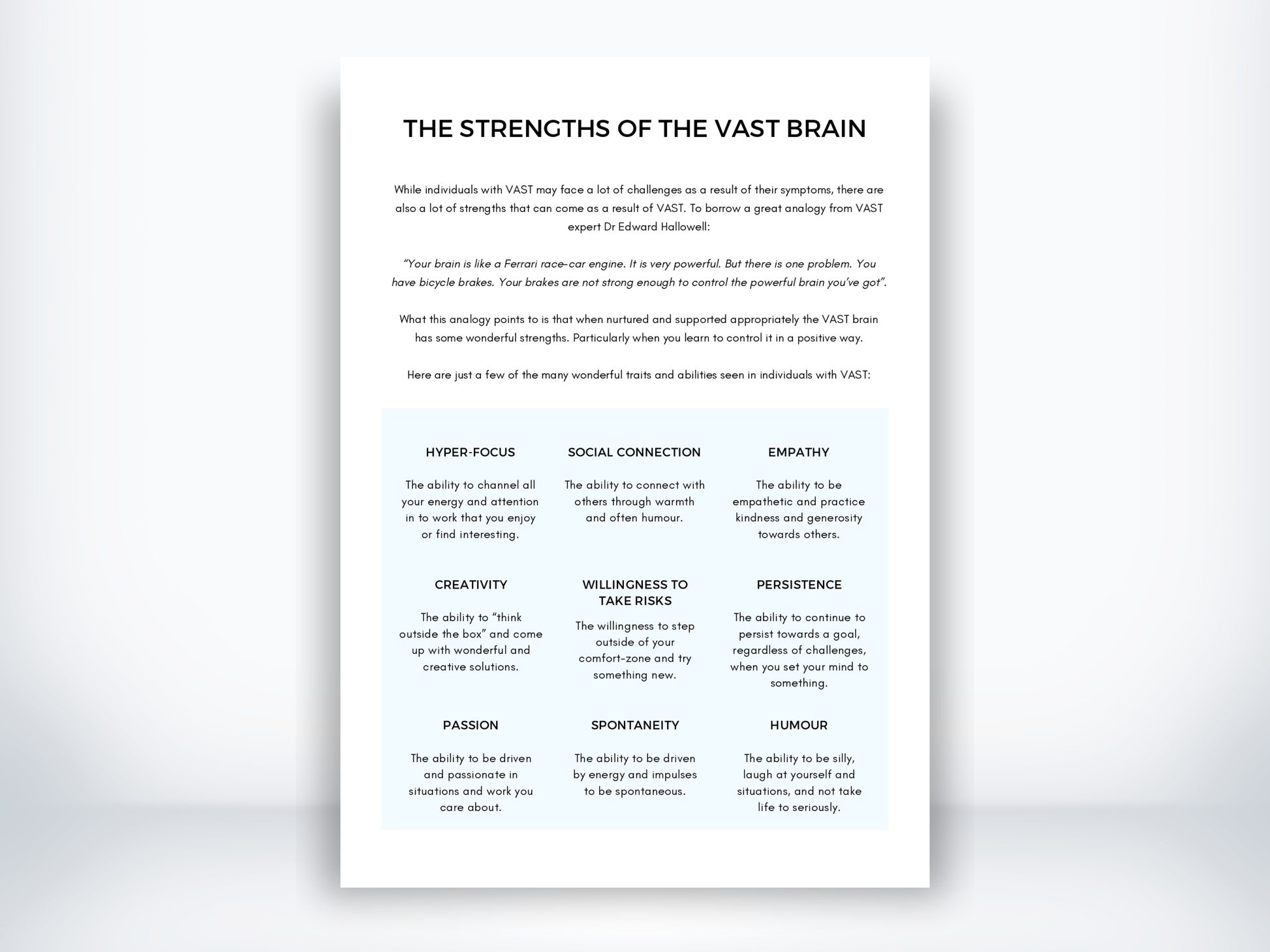 The Strengths Of The VAST Brain Handout PDF