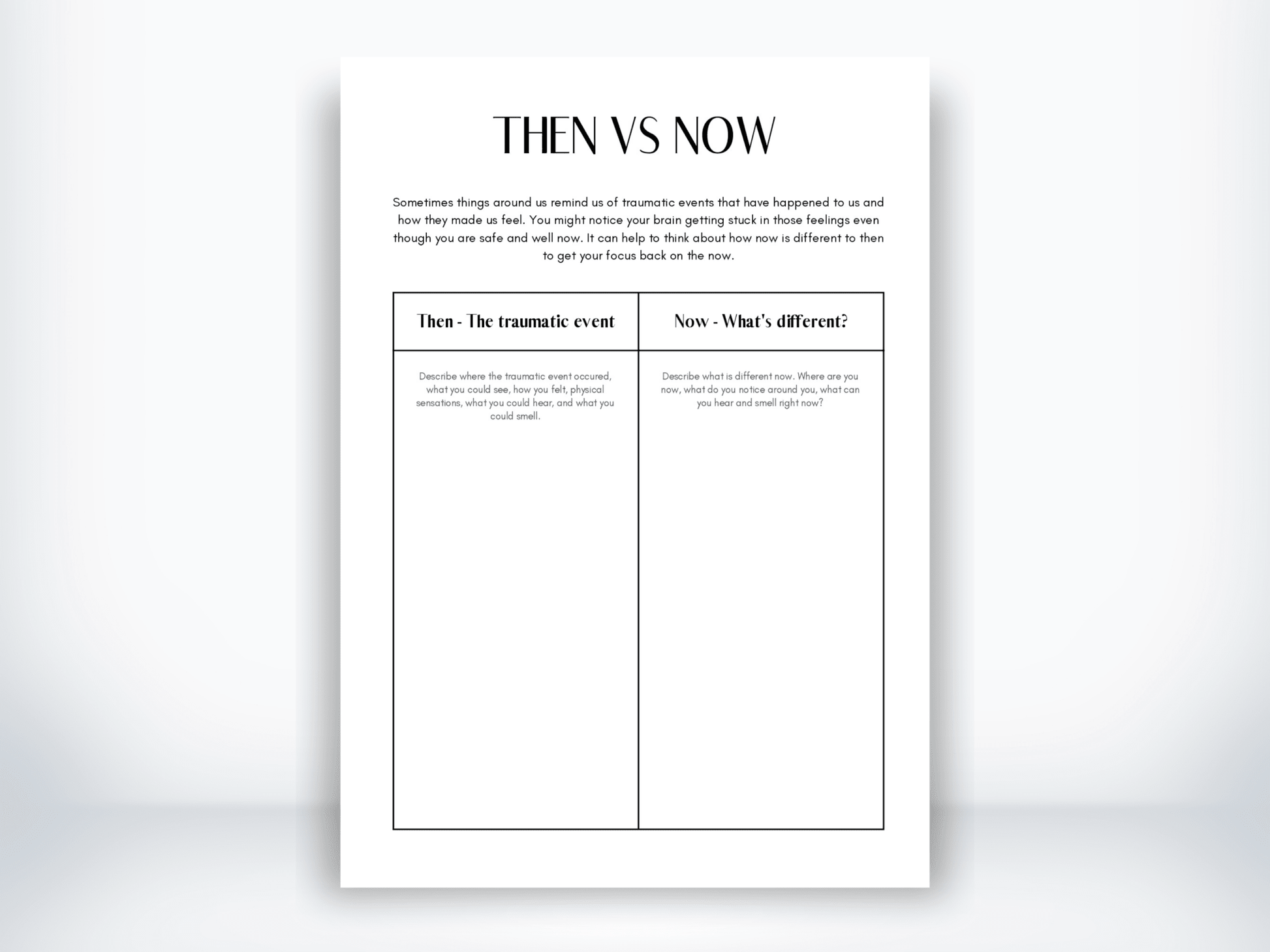 Then vs Now Trauma Exercise PDF - My Thriving Mind