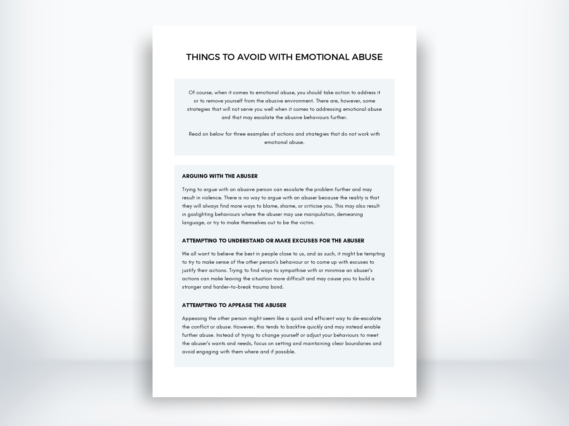 Things To Avoid With Emotional Abuse Handout PDF