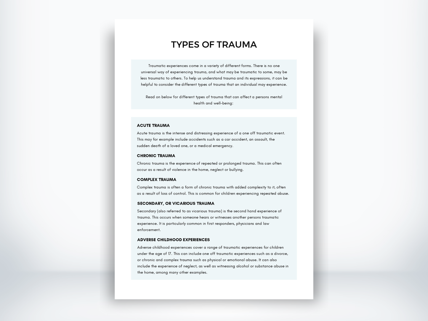 Types Of Trauma Worksheet PDF