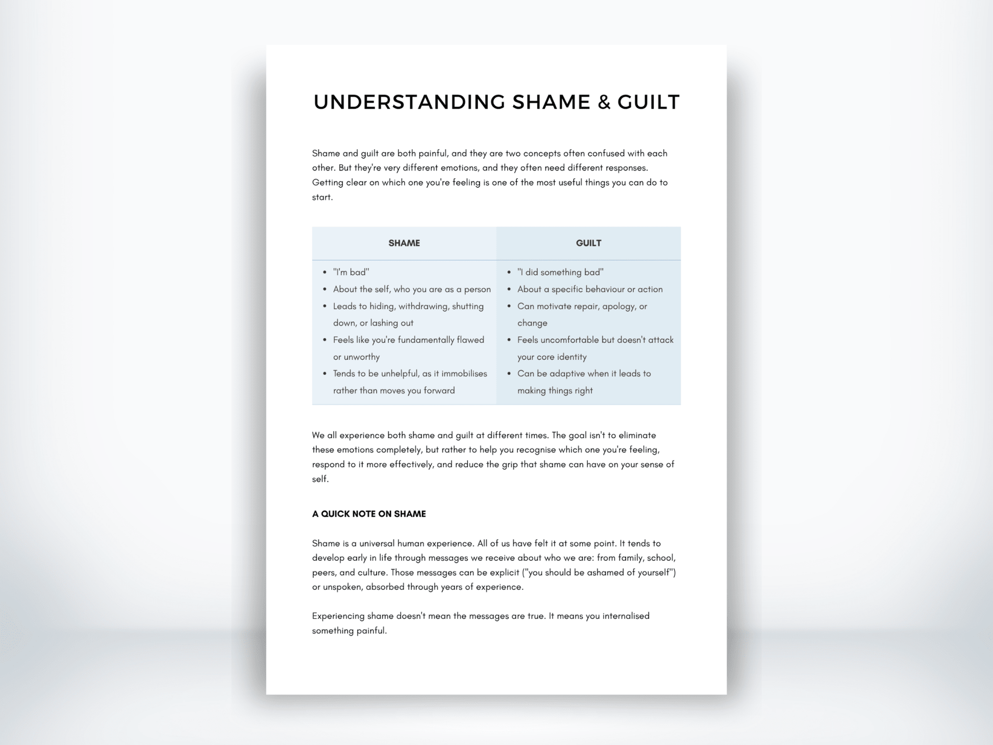 Understanding Shame and Guilt PDF - My Thriving Mind