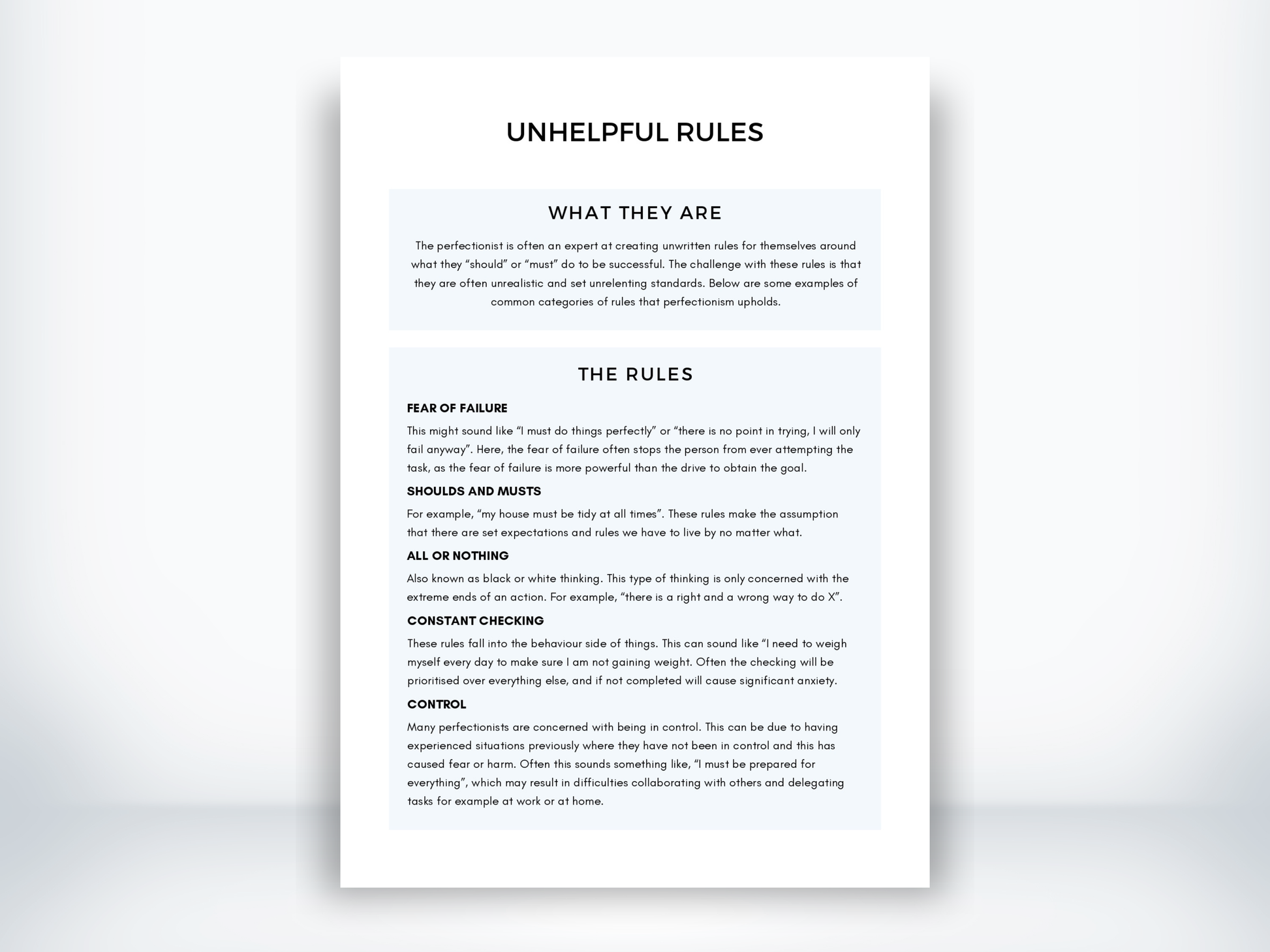 Unhelpful Rules in Perfectionism Handout PDF