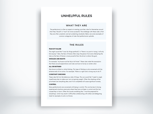 Unhelpful Rules in Perfectionism Handout PDF - My Thriving Mind