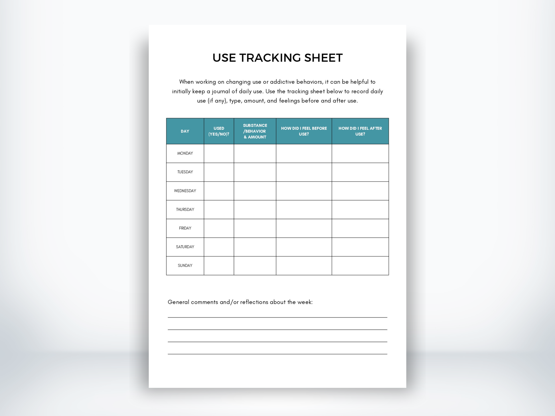 Use Tracking Sheet for Addiction PDF