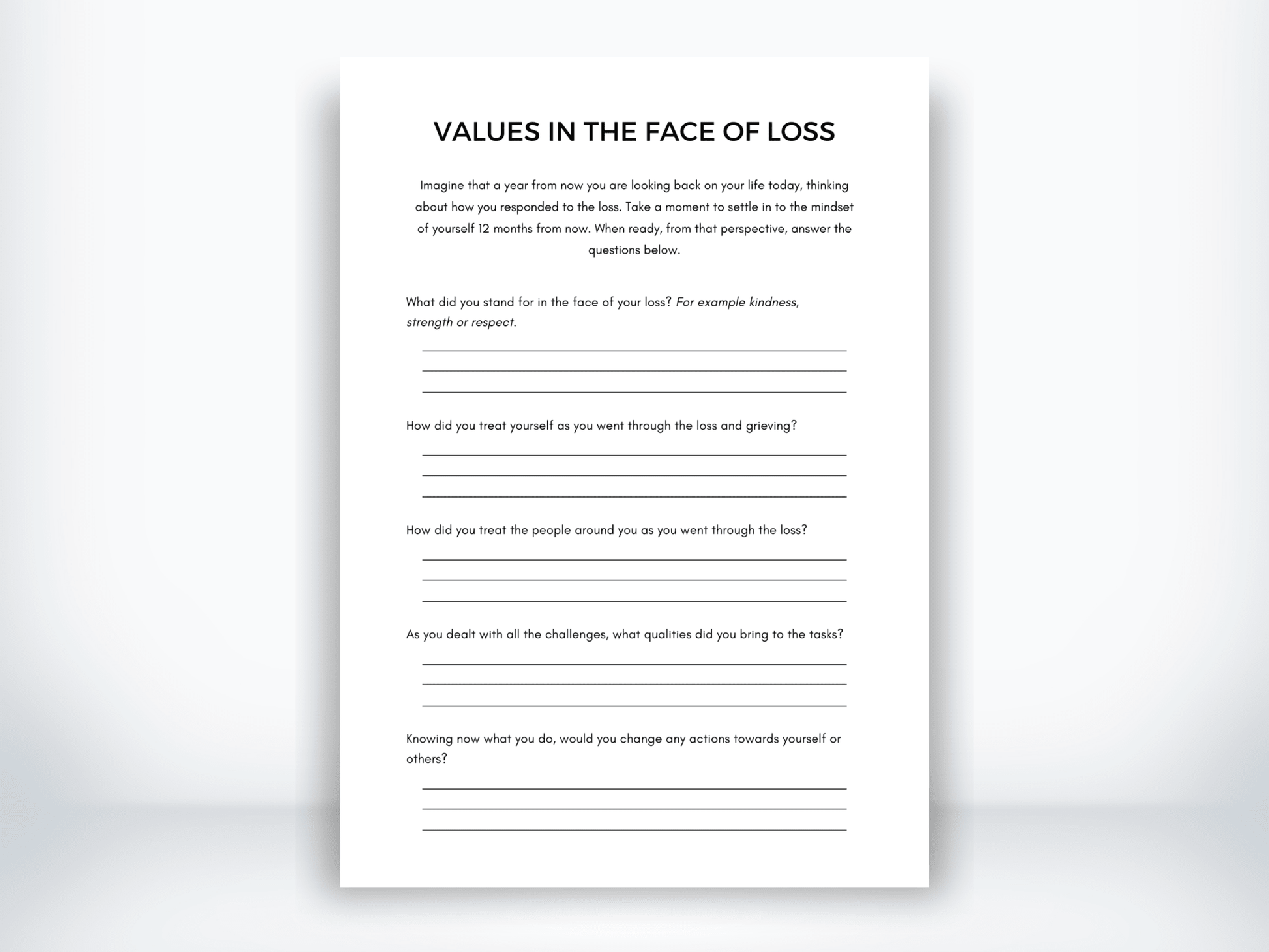 Values In The Face Of Loss Worksheet PDF - My Thriving Mind