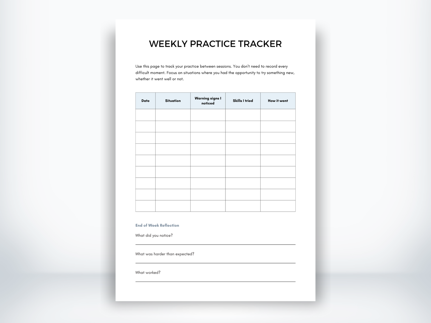 Weekly Practice Tracker worksheet with a five-column table for logging situations and skills, plus end-of-week reflection prompts.