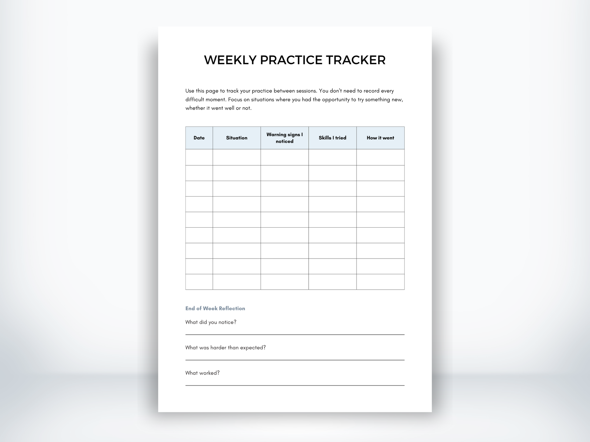Weekly Practice Tracker worksheet with a five-column table for logging situations and skills, plus end-of-week reflection prompts.