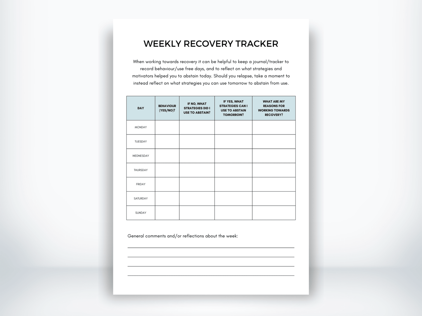 Weekly Recovery Tracker PDF - My Thriving Mind