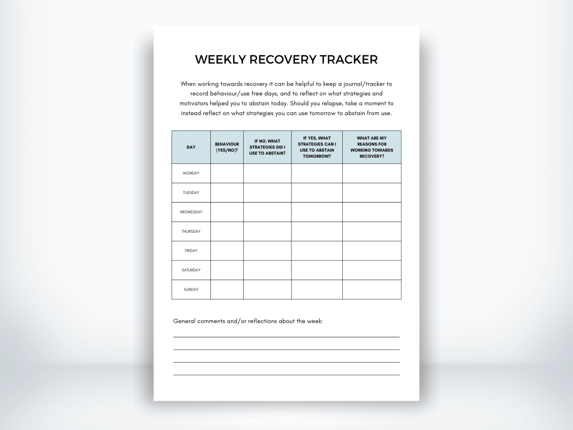 Weekly Recovery Tracker PDF - My Thriving Mind