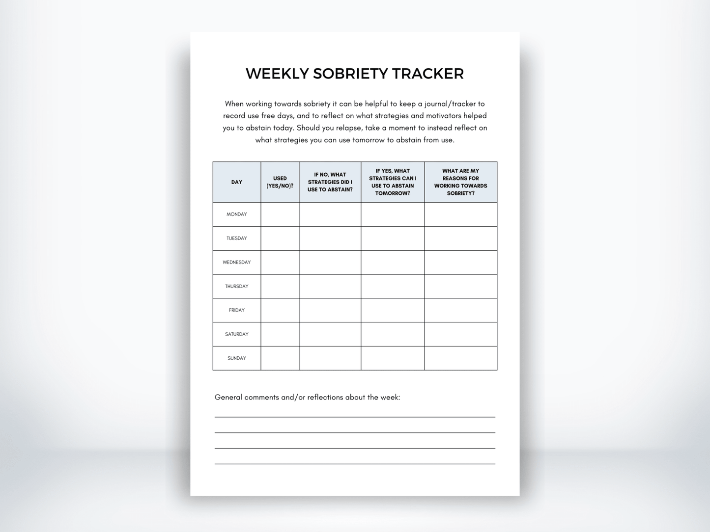 Weekly Sobriety Tracker PDF - My Thriving Mind