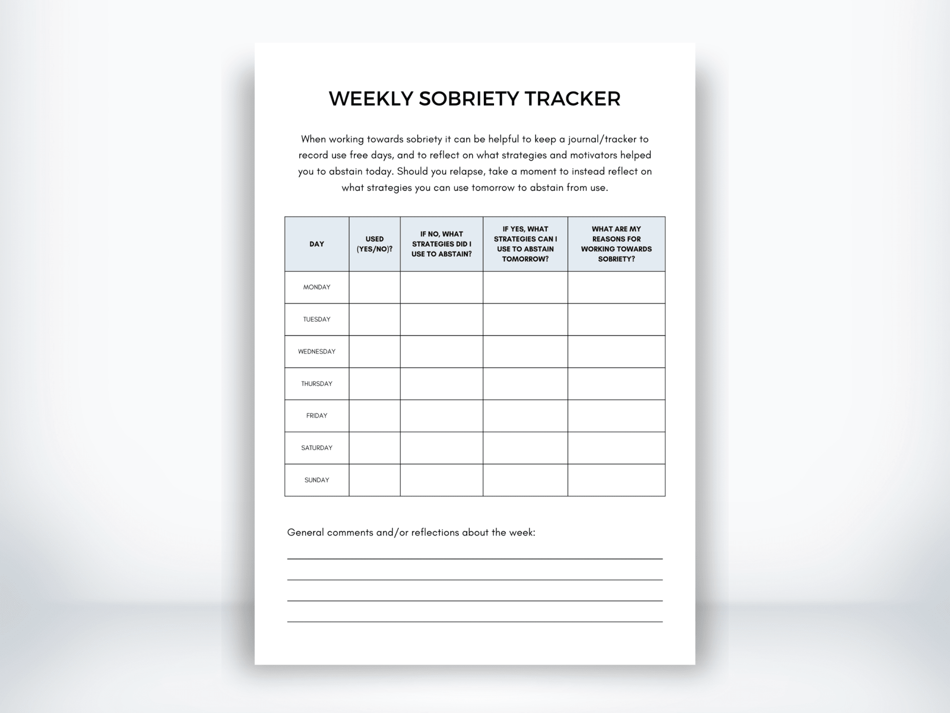 Weekly Sobriety Tracker PDF - My Thriving Mind