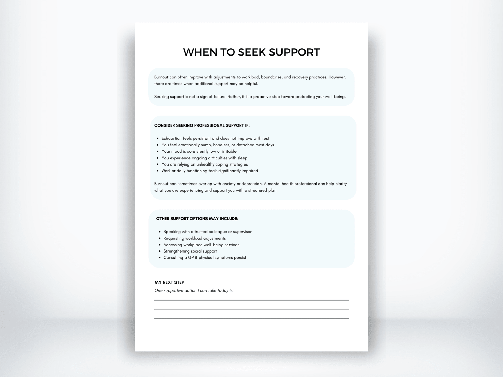 When To Seek Support For Burnout Handout PDF - My Thriving Mind