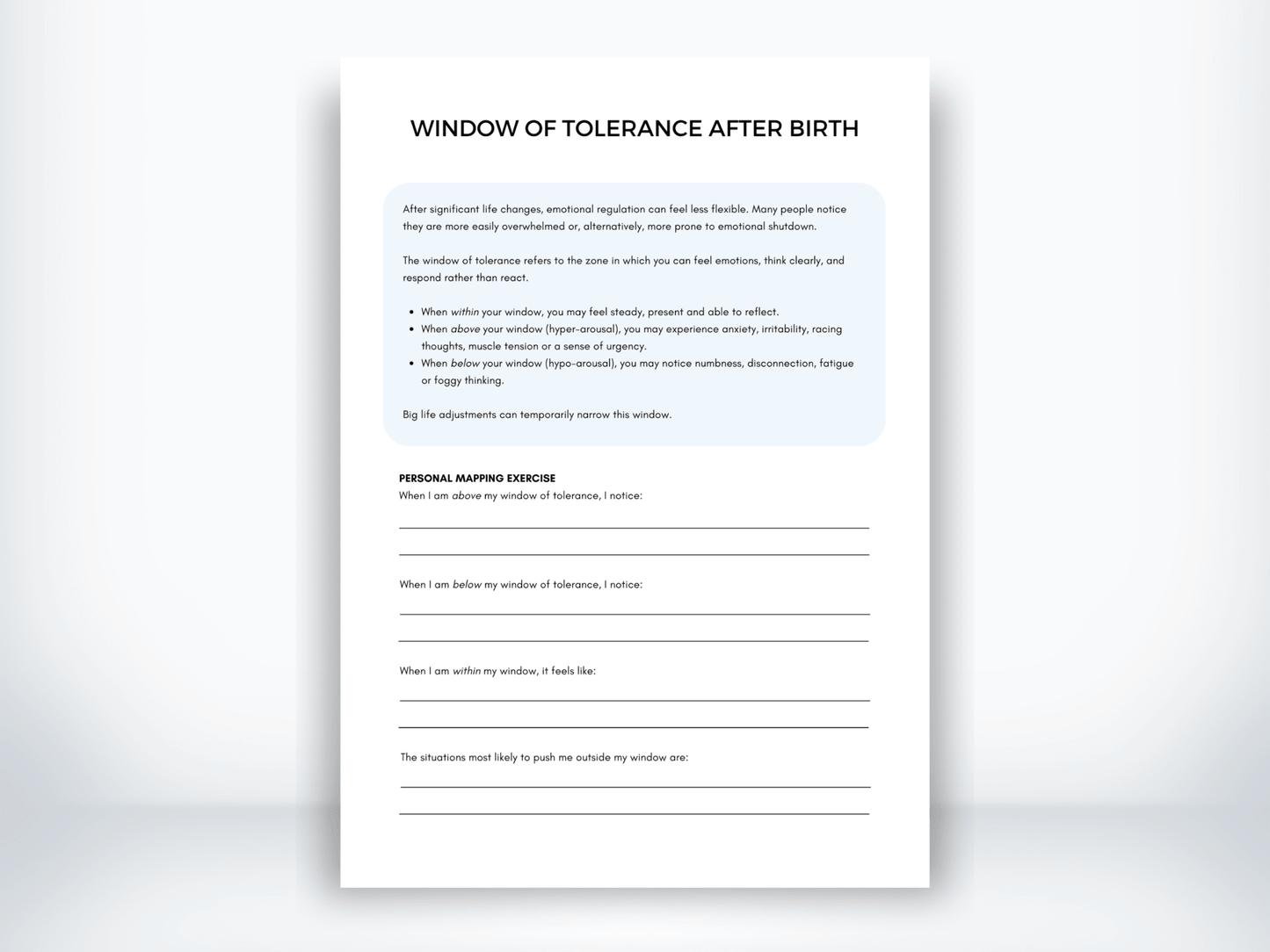 Window Of Tolerance After Birth Worksheet PDF - My Thriving Mind