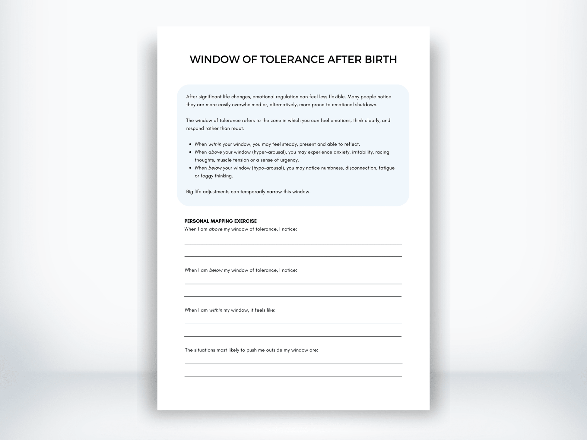 Window Of Tolerance After Birth Worksheet PDF - My Thriving Mind