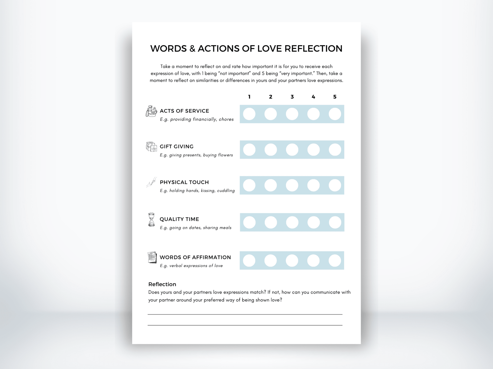Words & Actions of Love Reflection Worksheet PDF - My Thriving Mind