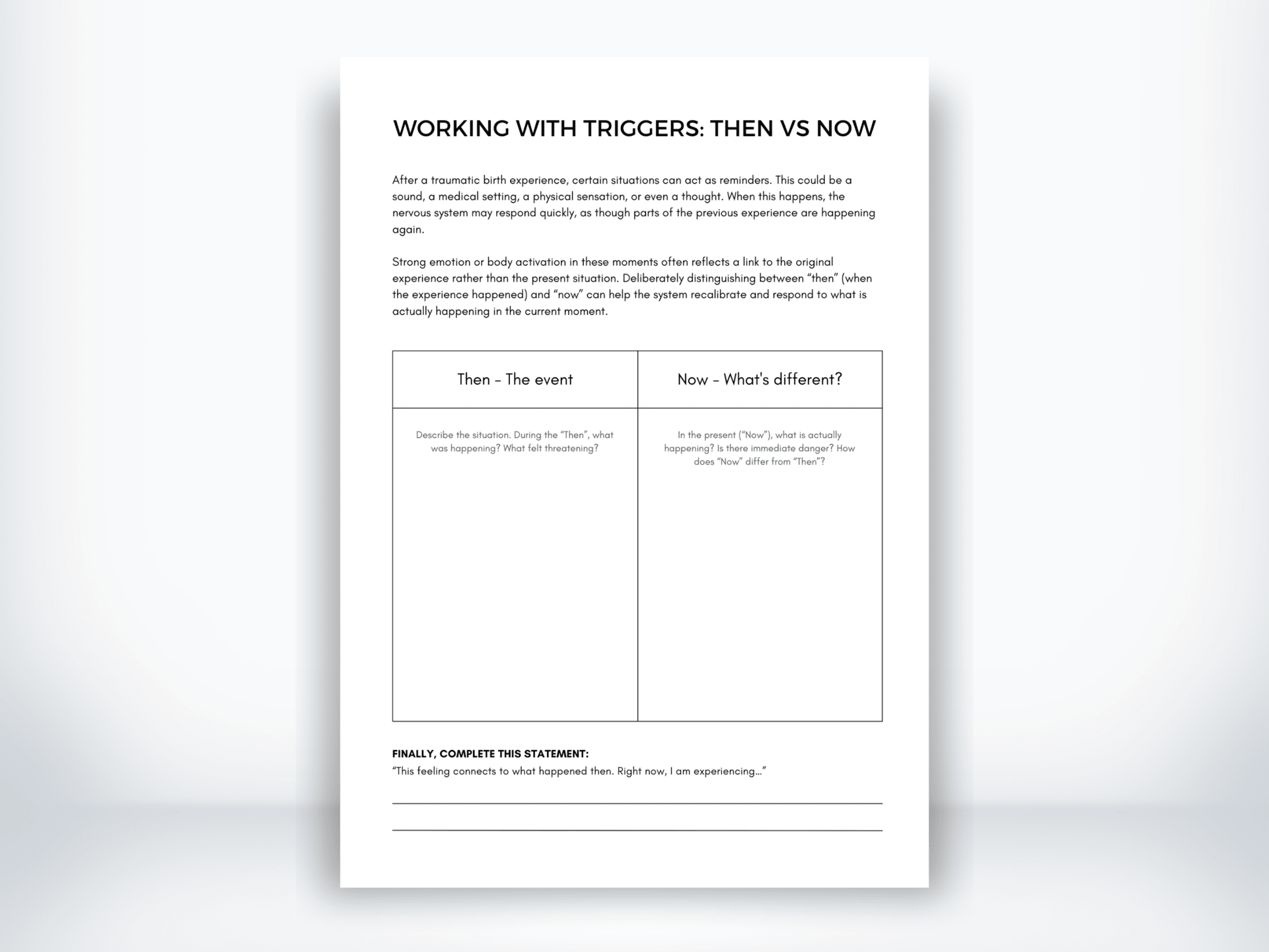 Working With Triggers After Birth Trauma Worksheet PDF - My Thriving Mind