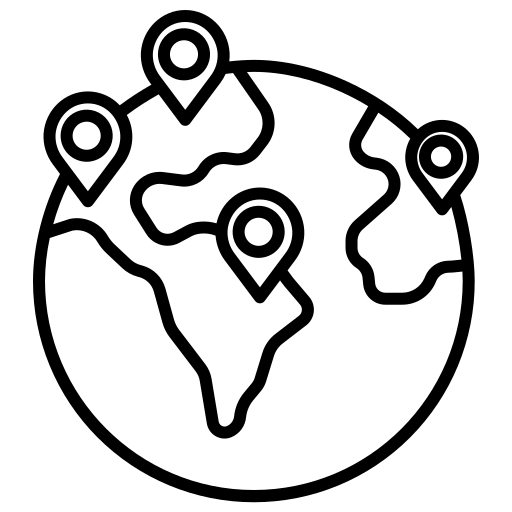 Black outline of a world map with four location markers on a white background