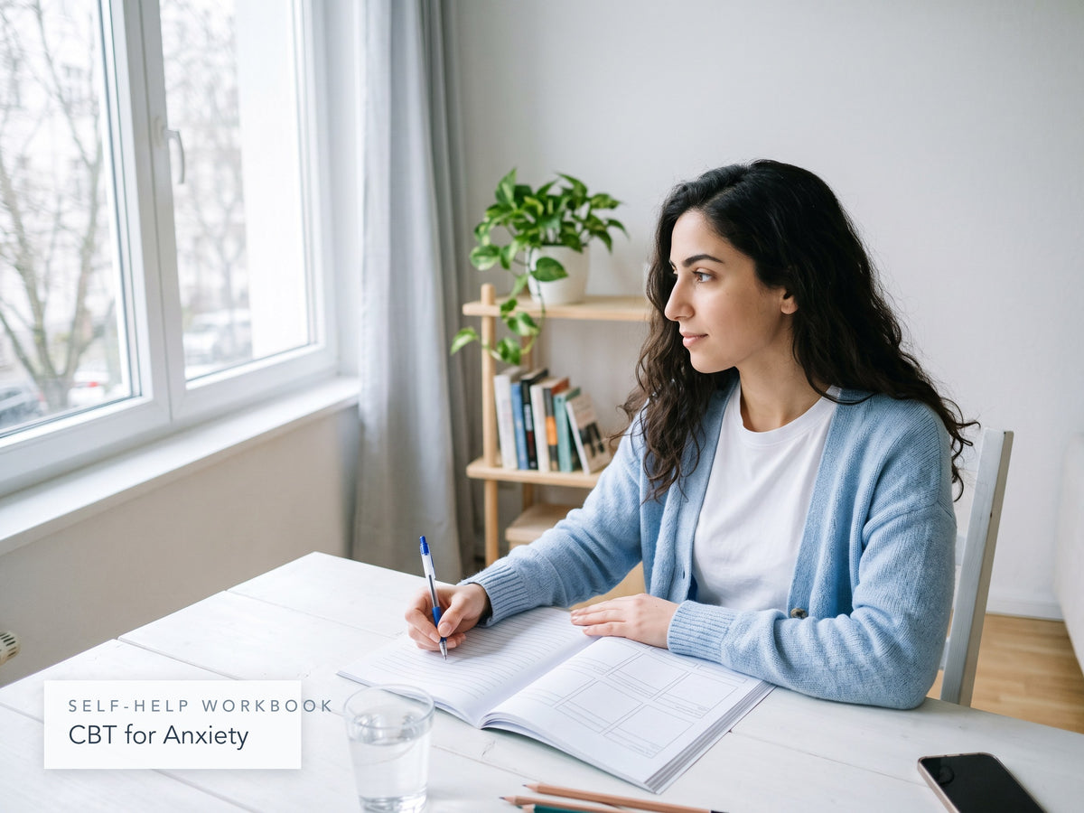 Young woman at a desk by the window writing in the CBT for Anxiety workbook