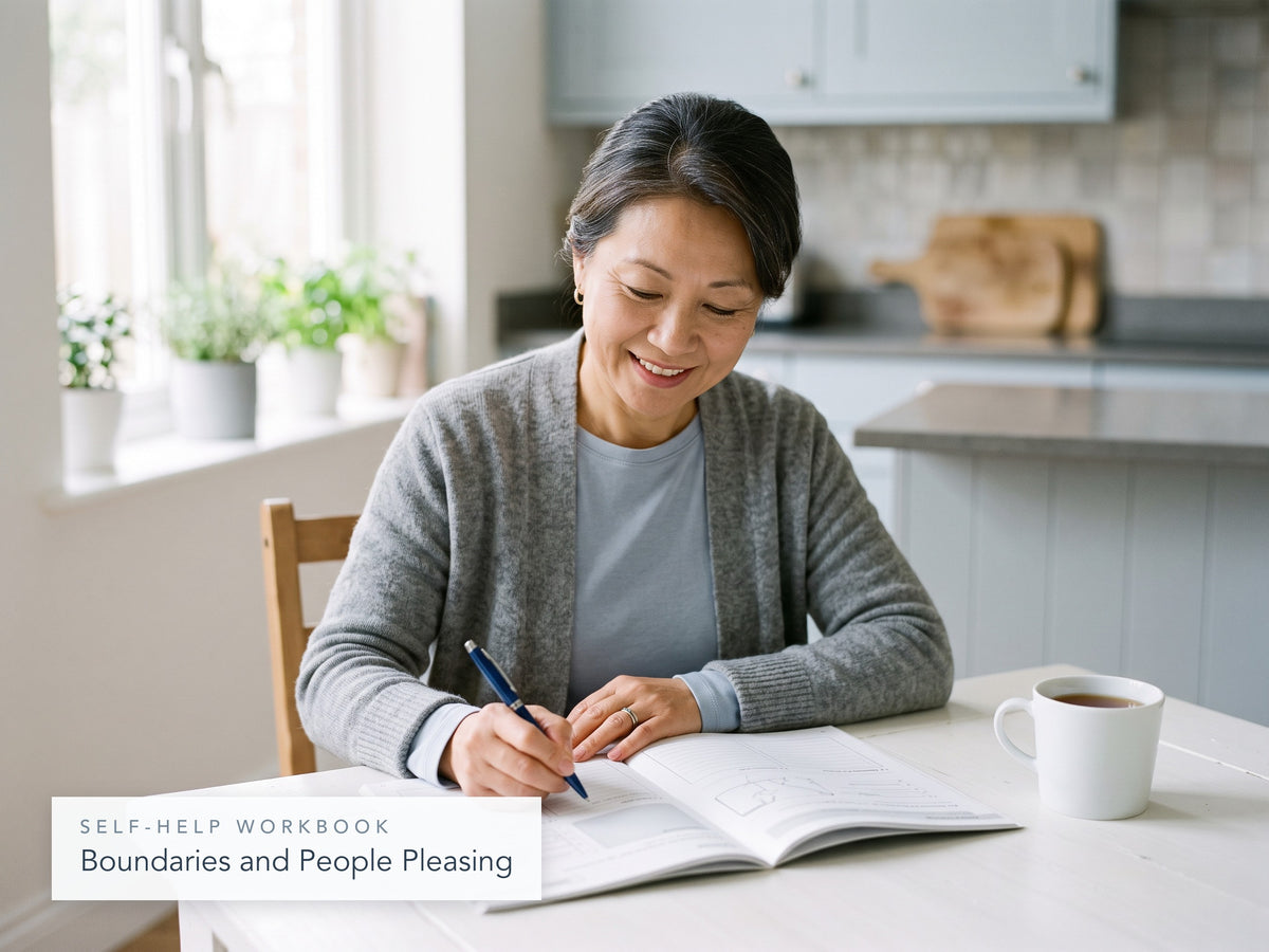 Woman at a kitchen table writing in the Boundaries and People Pleasing workbook