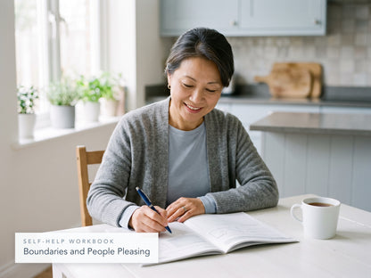 Woman at a kitchen table writing in the Boundaries and People Pleasing workbook