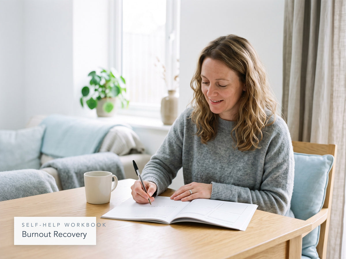 Woman at a dining table writing in the Burnout Recovery workbook