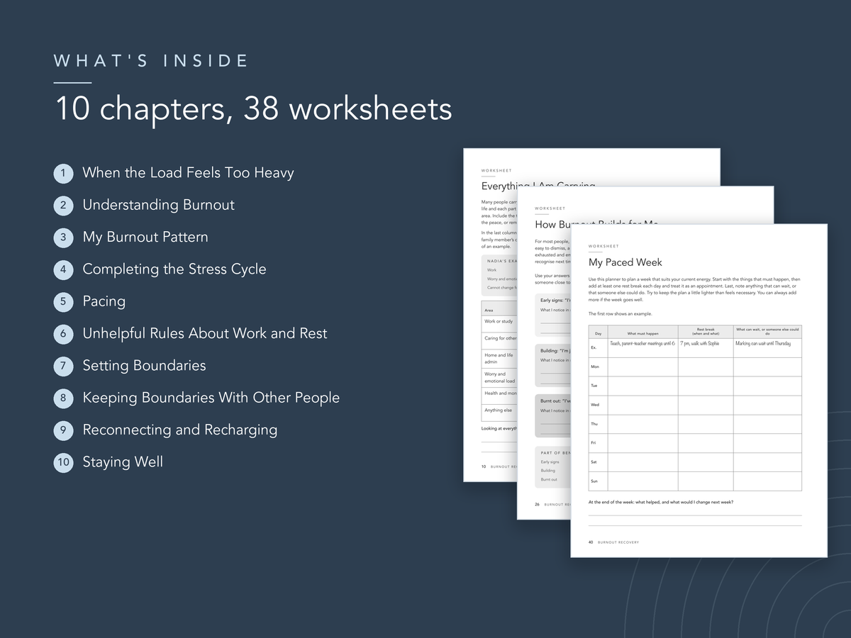 Chapter list and sample pages from the Burnout Recovery workbook