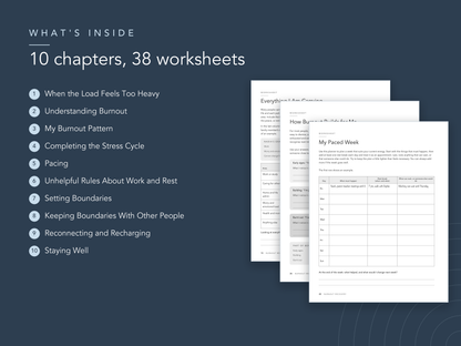 Chapter list and sample pages from the Burnout Recovery workbook
