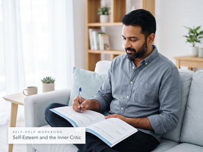 Man on a sofa writing in the Self-Esteem and the Inner Critic workbook