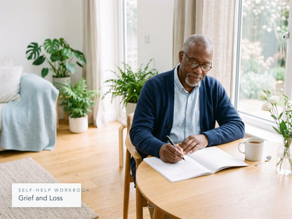 Older man at a table by the window writing in the Grief and Loss workbook