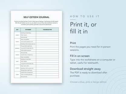 Self-Esteem Journal page, which can be printed or filled in on screen