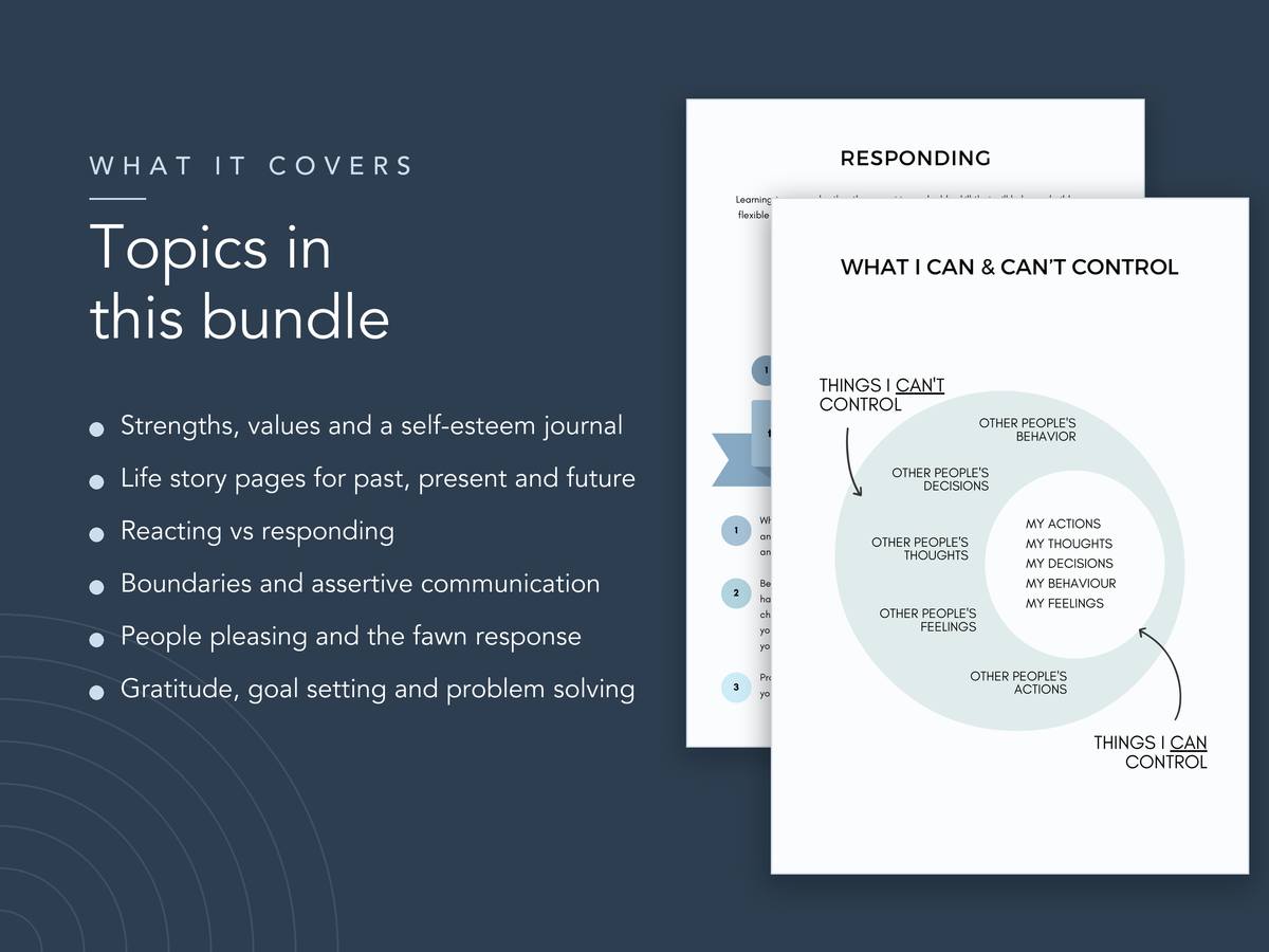 Topics in the Self Esteem Worksheets Bundle, including strengths, values and a self-esteem journal, life story pages for past, present and future, reacting vs responding