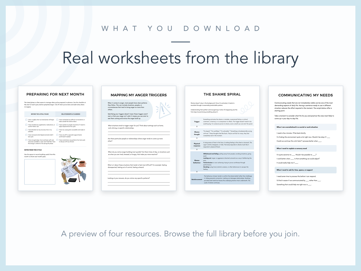Four real therapy worksheet pages from the members library, covering preparing for the luteal phase, mapping anger triggers, the shame spiral and communicating needs.
