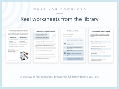 Four real therapy worksheet pages from the members library, covering preparing for the luteal phase, mapping anger triggers, the shame spiral and communicating needs.