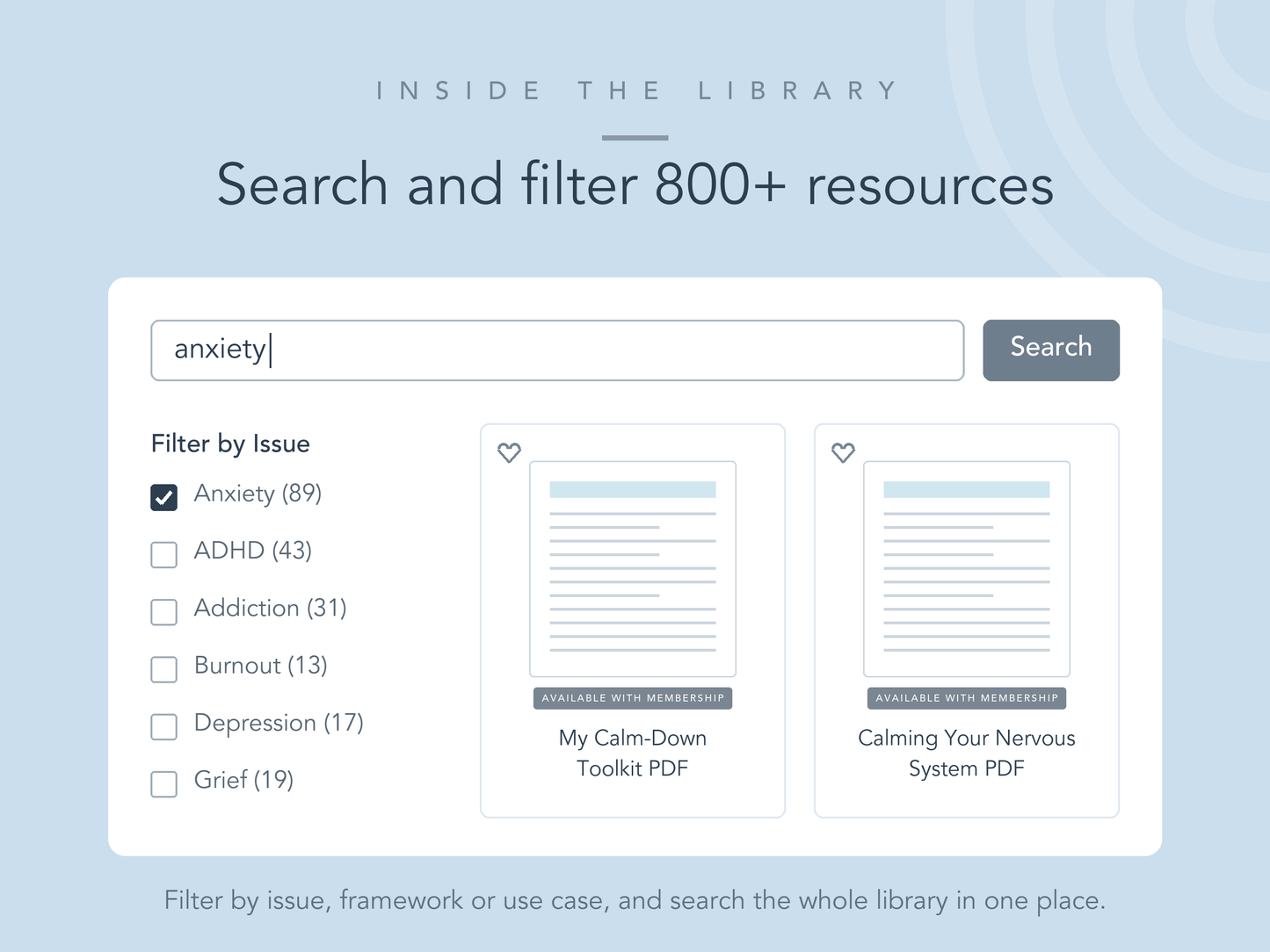Searching the therapy resource library for anxiety worksheets, with filters by issue including ADHD, burnout, depression and grief