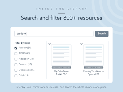 Searching the therapy resource library for anxiety worksheets, with filters by issue including ADHD, burnout, depression and grief