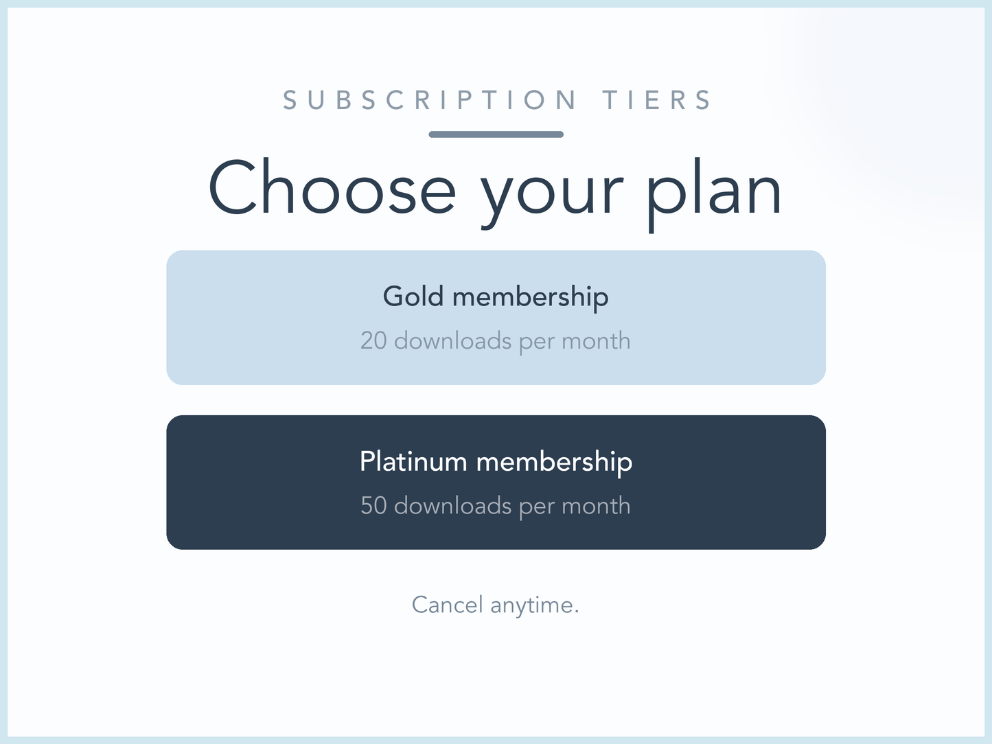 My Thriving Mind subscription tiers: Gold membership with 20 downloads per month and Platinum membership with 50 downloads per month, cancel anytime.