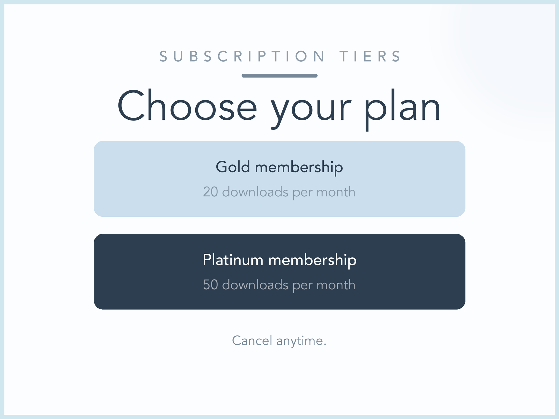 My Thriving Mind subscription tiers: Gold membership with 20 downloads per month and Platinum membership with 50 downloads per month, cancel anytime.
