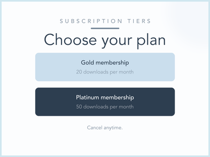 My Thriving Mind subscription tiers: Gold membership with 20 downloads per month and Platinum membership with 50 downloads per month, cancel anytime.