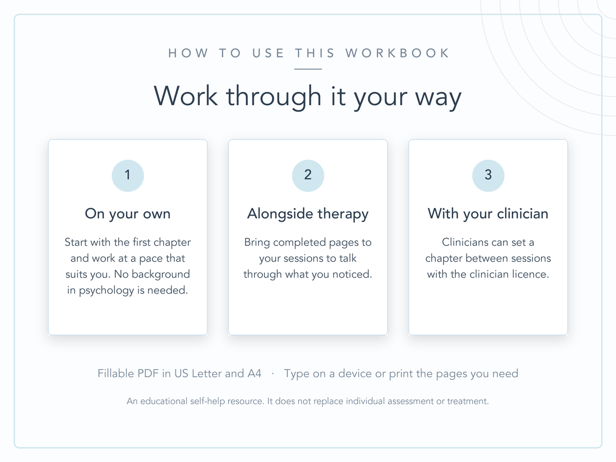 Three ways to use a self-help workbook: on your own, alongside therapy, or with your clinician