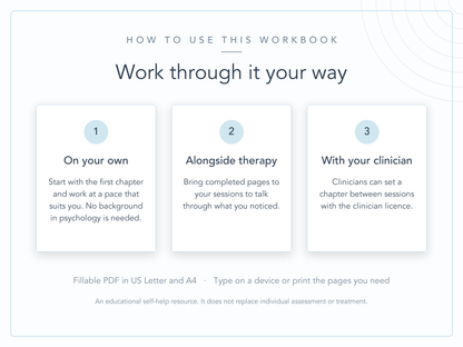 Three ways to use a self-help workbook: on your own, alongside therapy, or with your clinician