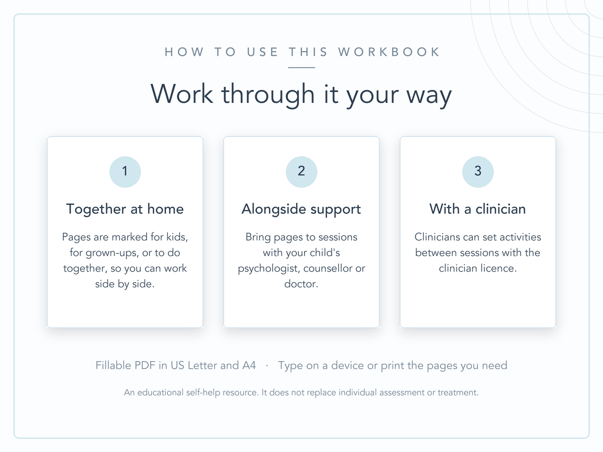 Three ways to use the children's workbook: together at home, alongside support, or with a clinician