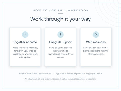 Three ways to use the children's workbook: together at home, alongside support, or with a clinician