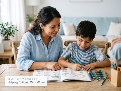 Mother and son working together in the Helping Children With Worry workbook