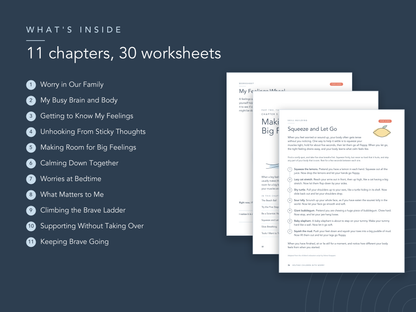 Chapter list and sample pages from the Helping Children With Worry workbook